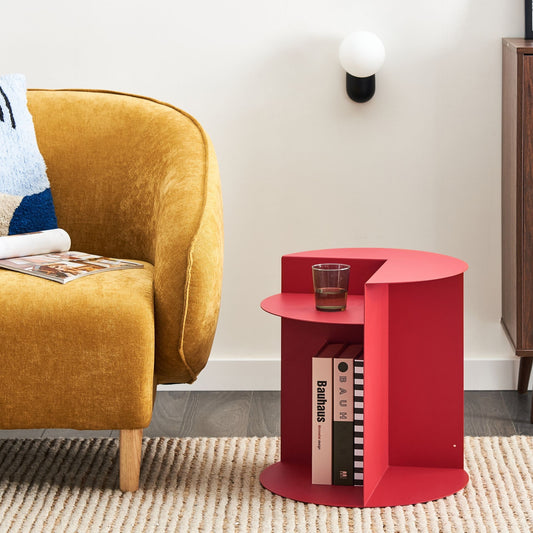 Red Metal Round Geometric Side Table With Open Sided Design And Built In Shelf
