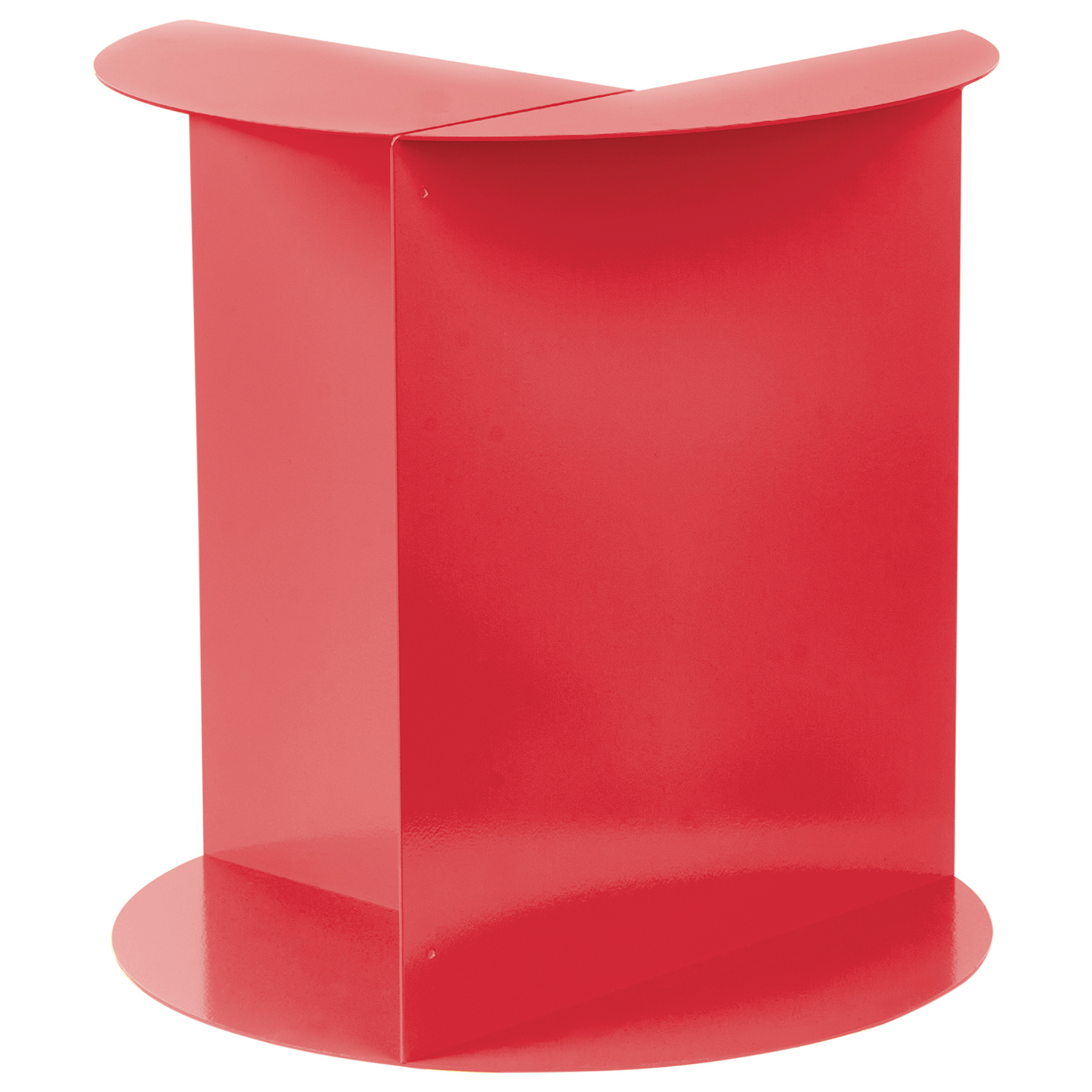 Red Metal Round Geometric Side Table With Open Sided Design And Built In Shelf