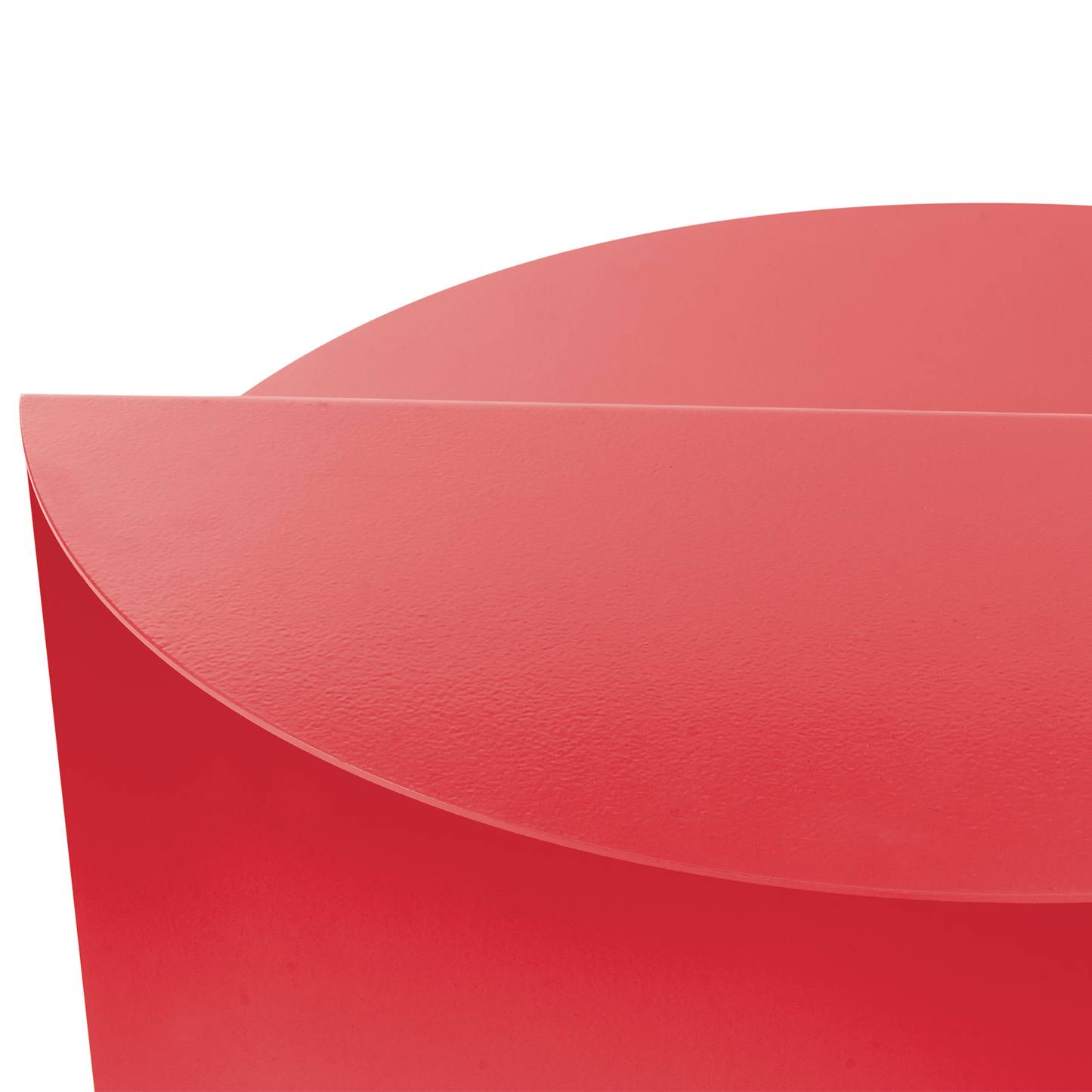 Red Metal Round Geometric Side Table With Open Sided Design And Built In Shelf