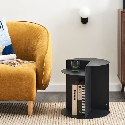 Evercraft Black Metal Round Side Table With Built In Shelf Open From One Side Geometric End Table