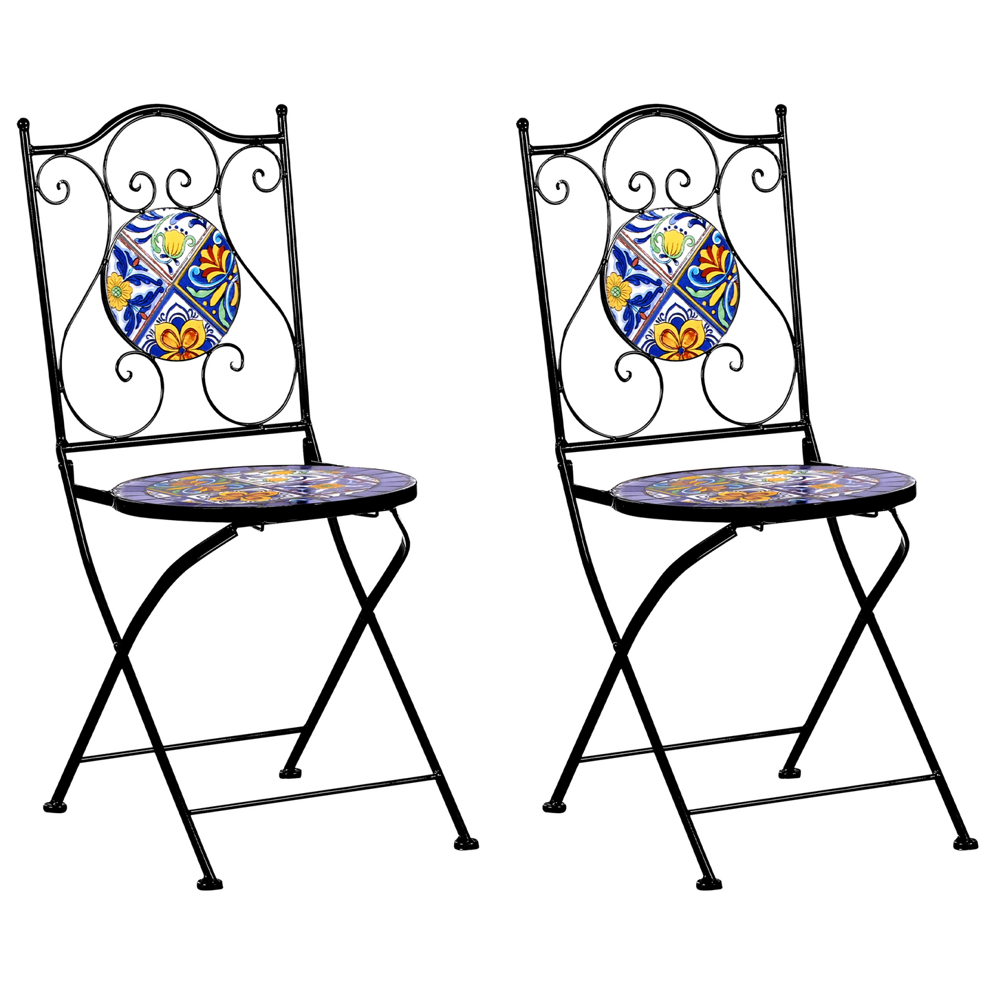 Set Of 2 Black Metal Foldable Mosaic Bistro Chairs Outdoor Vintage Style
