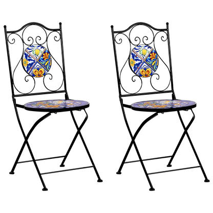 Set Of 2 Black Metal Foldable Mosaic Bistro Chairs Outdoor Vintage Style