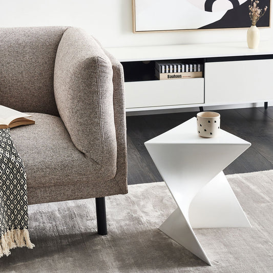 Triangular White Plastic Side Table Geometric End Table With Modern Accent