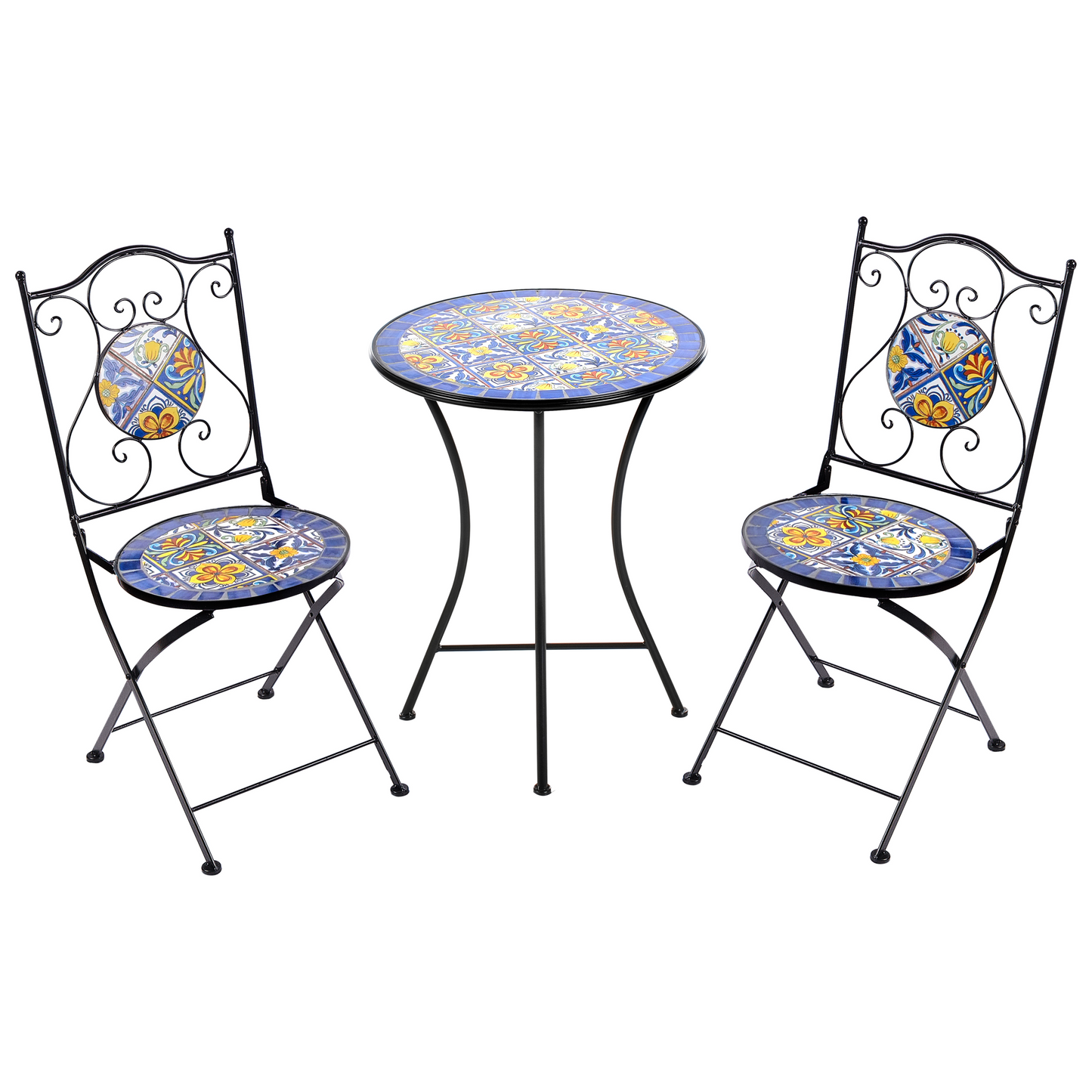Black Metal Bistro Set With Mosaic Tiles Table And Chairs