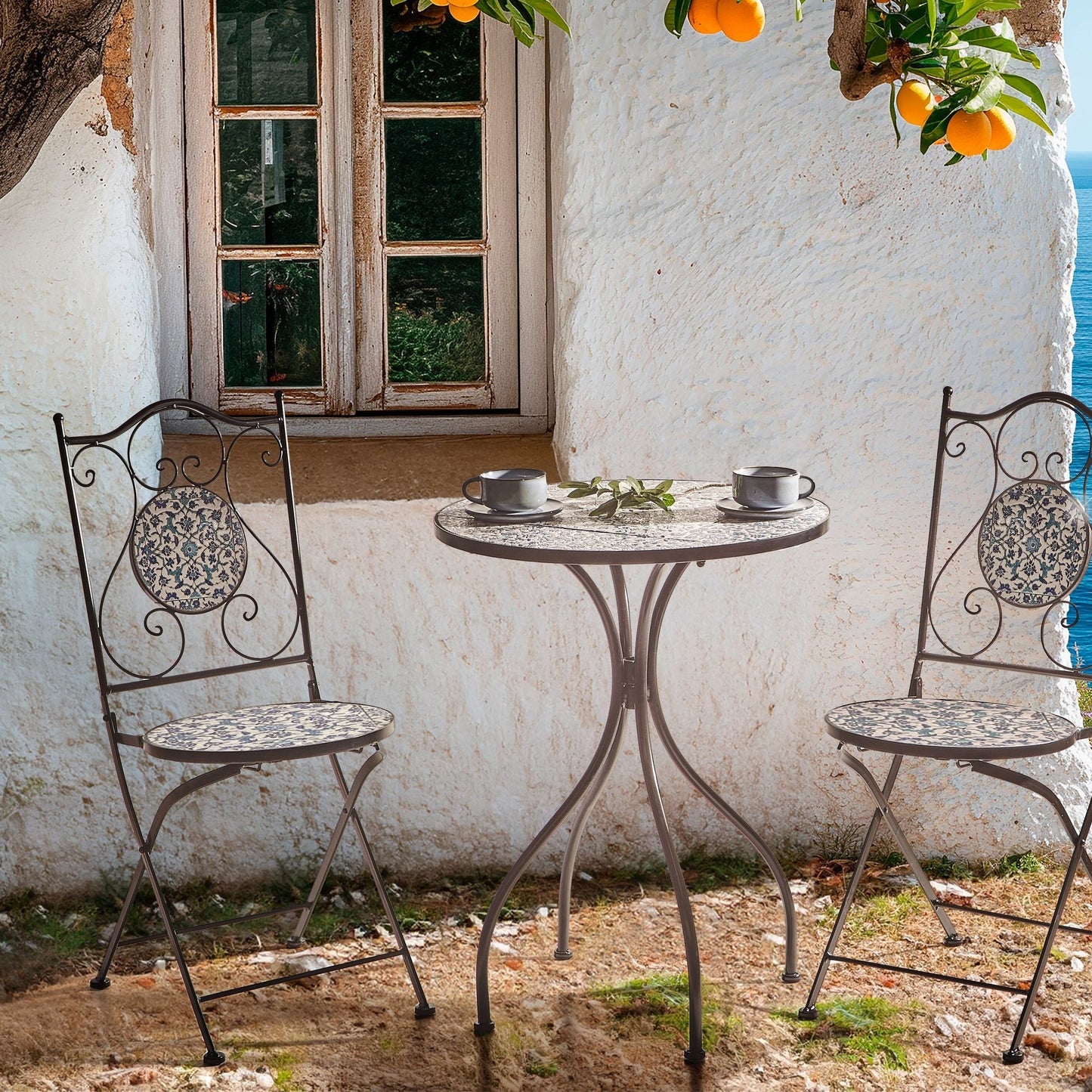 Garden Bistro Table Black 60cm Ceramic Floral Top