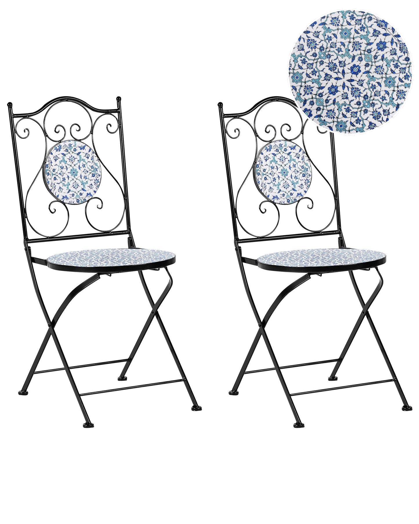 Set 2 Black Metal Folding Garden Chairs Floral