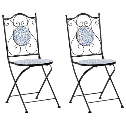 Set 2 Black Metal Folding Garden Chairs Floral