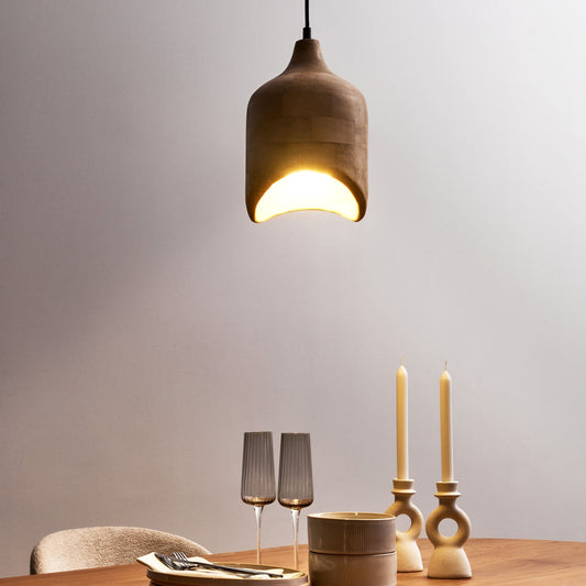 Light Brown Mango Wood Pendant Lamp Curved Opening