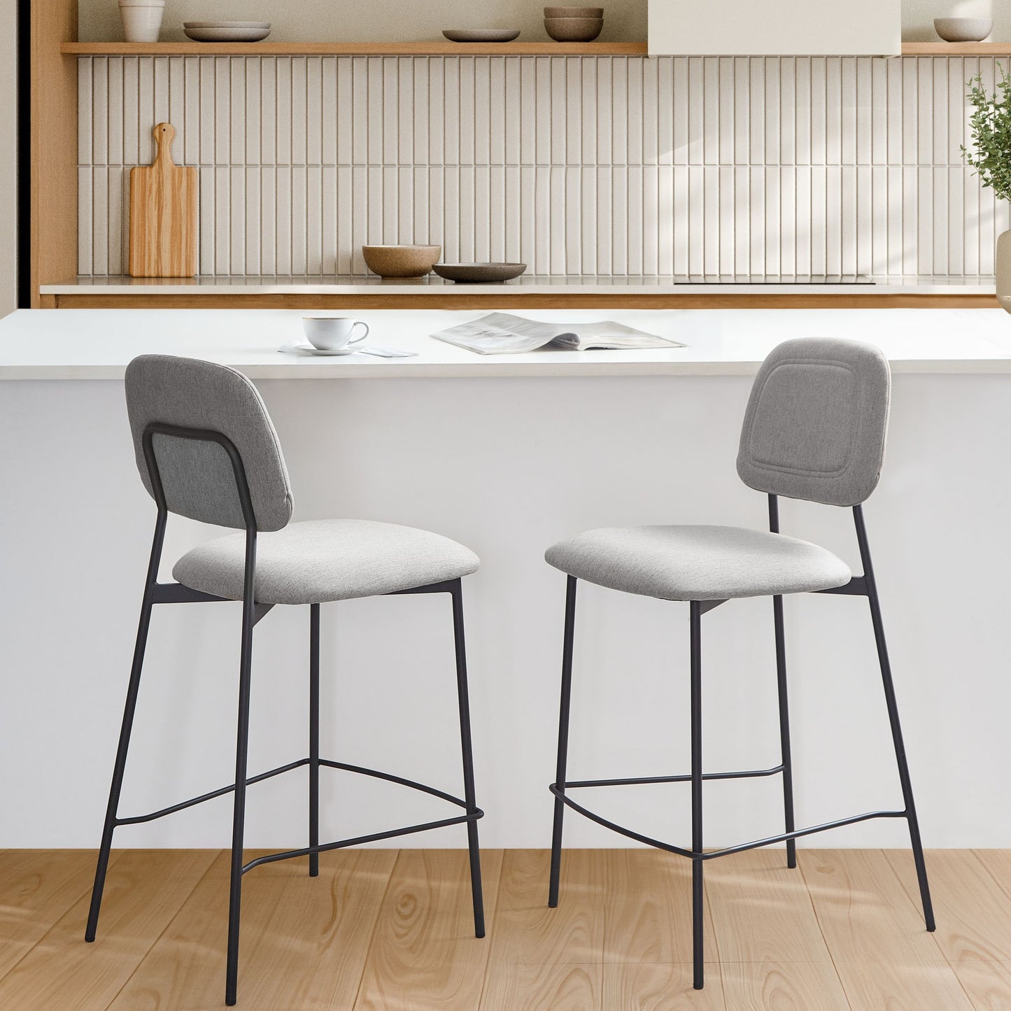 Set Of 2 Bar Chairs Light Grey Faux Linen Black Iron Frame