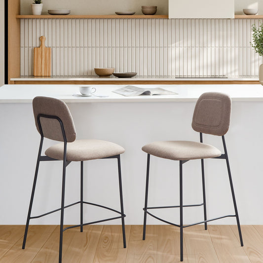 Taupe Faux Linen Bar Chairs Set Of 2 Black Iron Frame