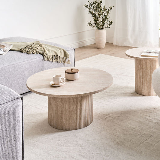 NovaLiving Beige Coffee Table With Stone Like Base MDF Ø80 Cm