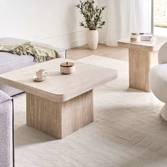 NovaLiving Stone-Top Square Coffee Table Beige MDF Base 80x80 cm