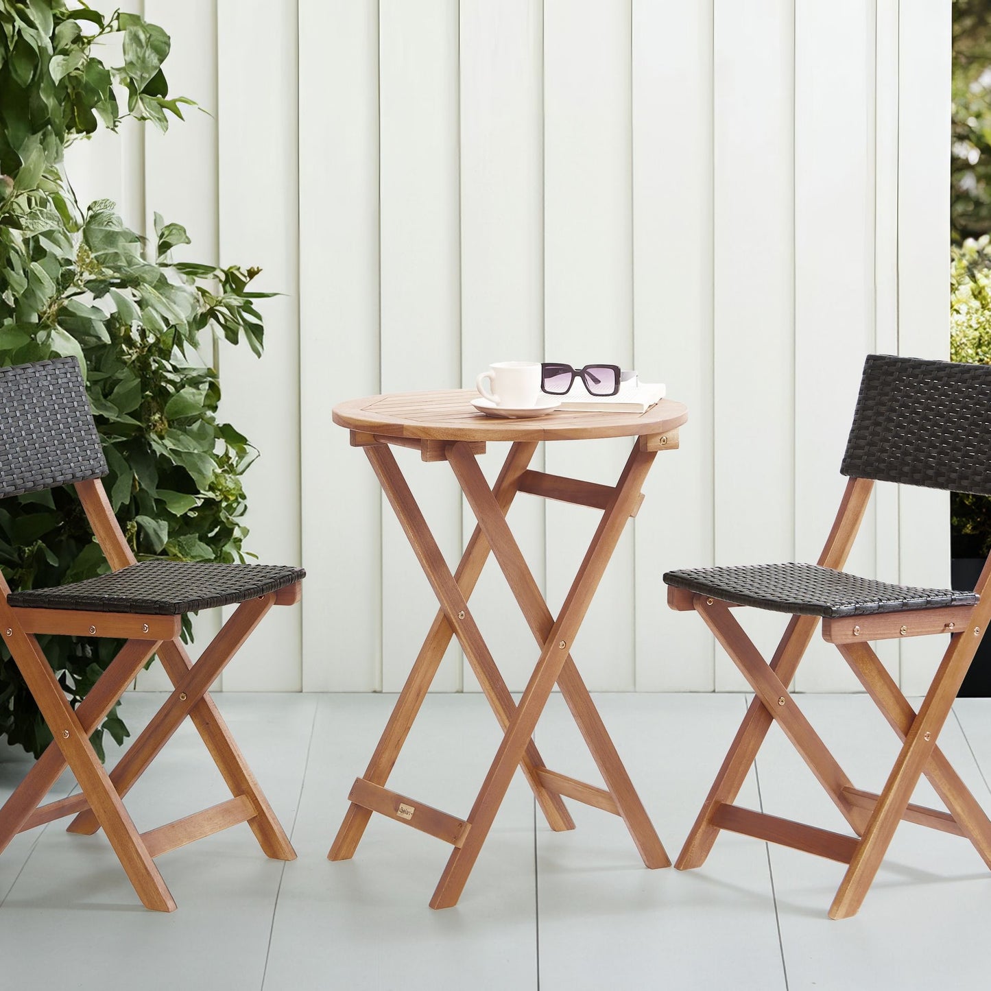 Acacia Wood 3 Piece Bistro Set Folding Brown Table Chairs