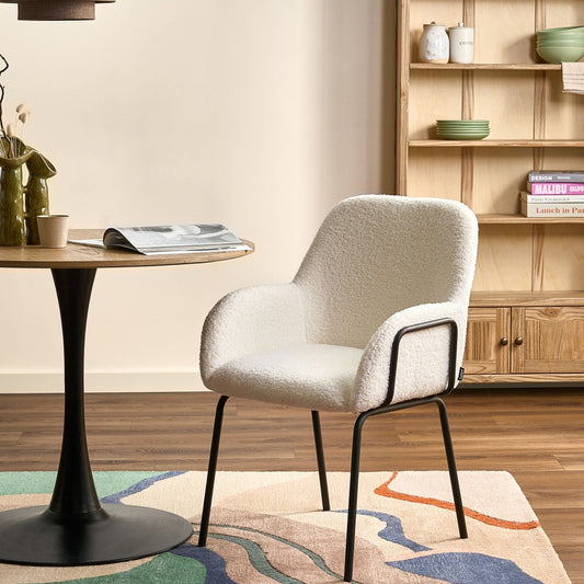 Dining Chair Boucl? Off White Upholstery Black Iron Base