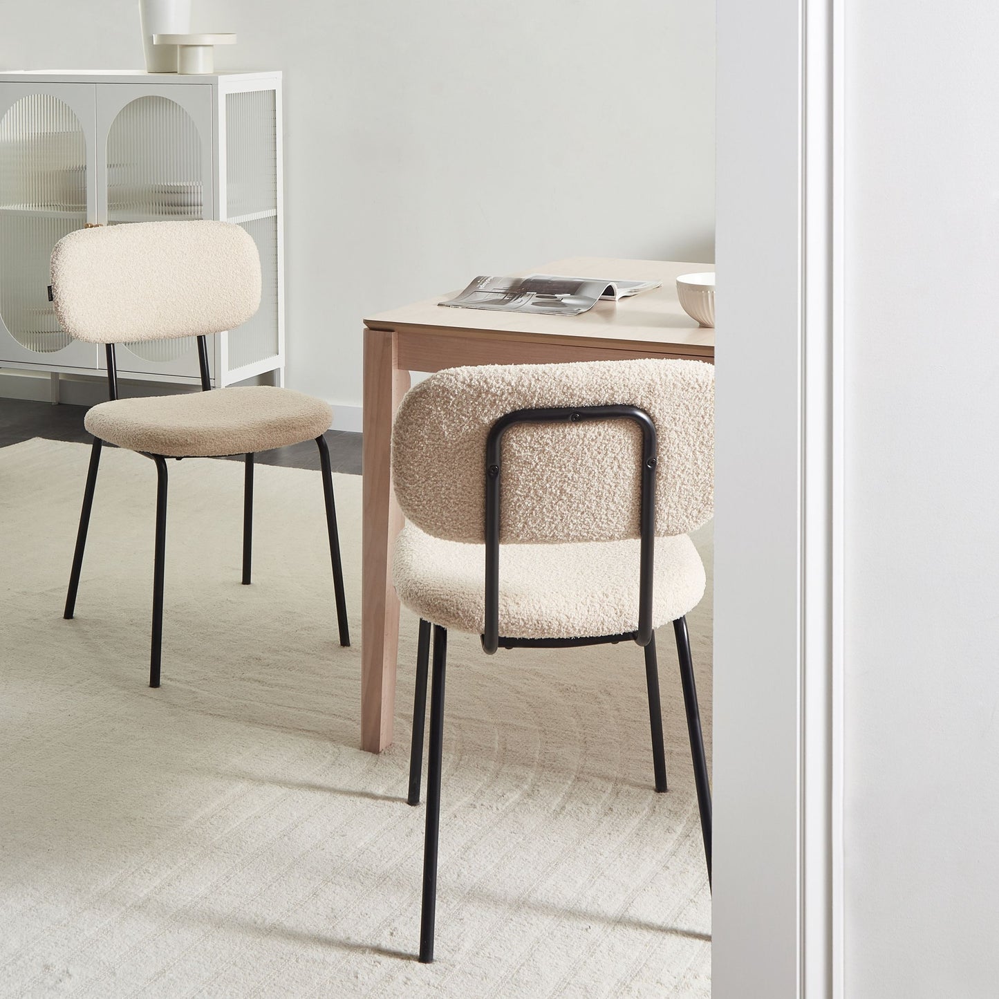 Boucl? Dining Chairs Set of 2, Beige, Black Iron Base Retro