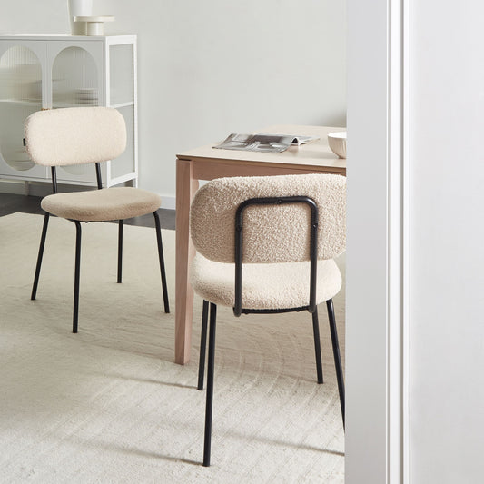Boucl? Dining Chairs Set of 2, Beige, Black Iron Base Retro