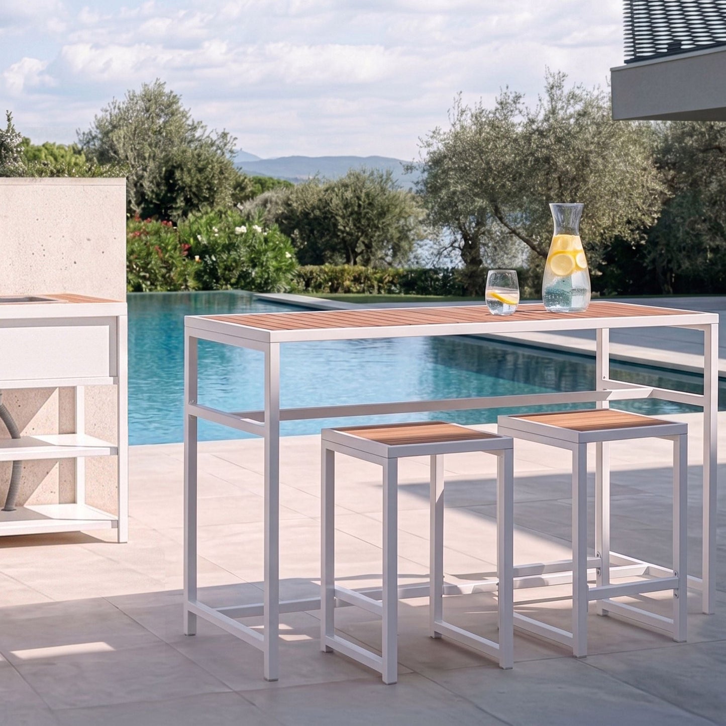 Polywood Brown Garden Dining Set 3 Pieces White Steel Frame 2 Stools