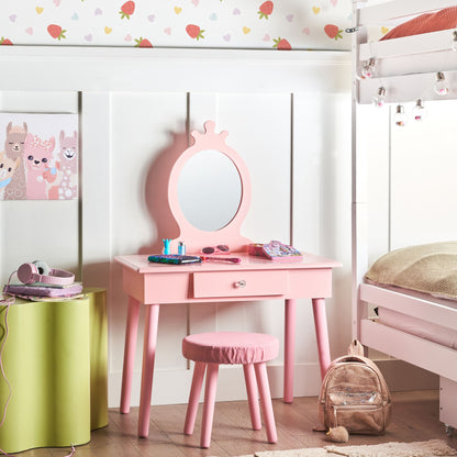 BrightNest Pink Kids Dressing Table With Mirror And Stool 1 Drawer
