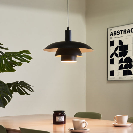 Pendant Lamp Black Metal Tiered Design Vintage Mid Century Style For Kitchen Dining Area