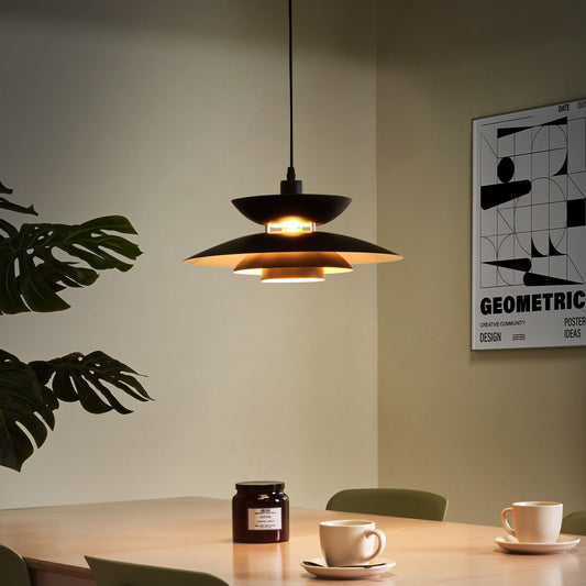 Pendant Lamp Black Metal Tiered Design Vintage Mid Century