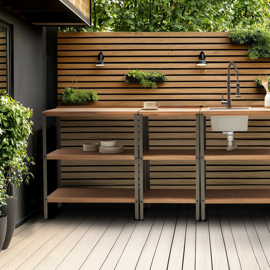 Outdoor Kitchen Island Brown Acacia Wood With Top Shelves