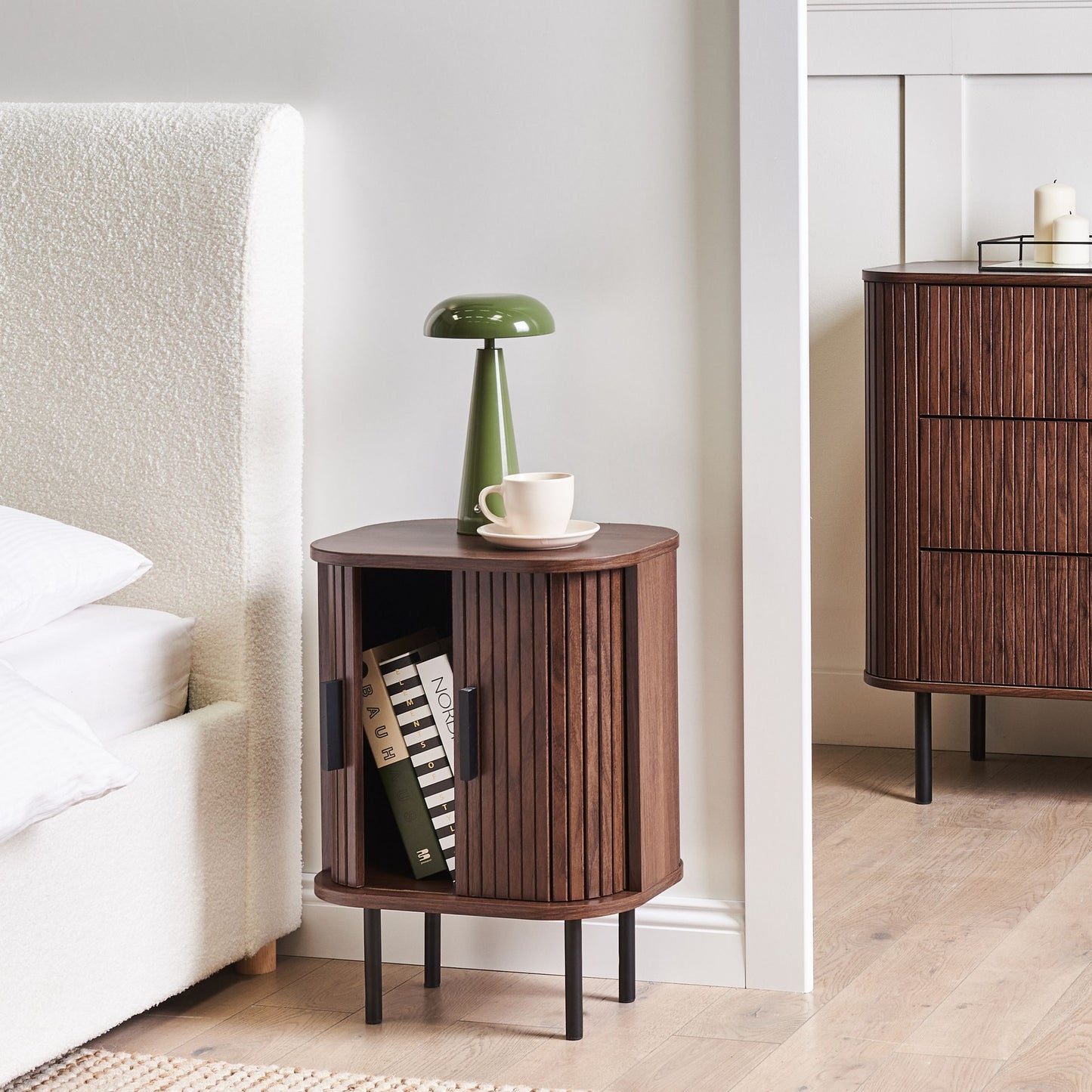 LuxeNest Nightstand Bedside Table With Sliding Doors Dark Brown MDF Metal 40x30 cm