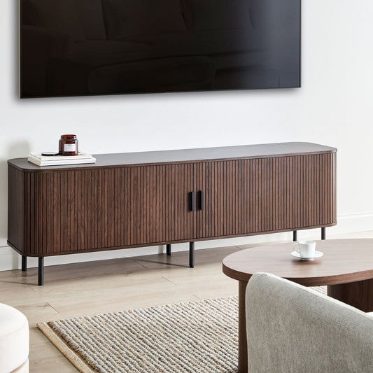 NovaHome TV Stand Up To 70 Inch Dark Brown With Black Metal Legs And Sliding Cabinet Doors