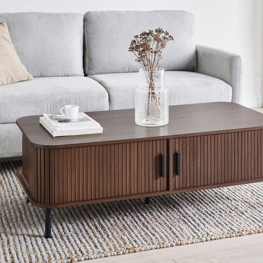 BrandName Retro Coffee Table 120 x 60 cm Dark Brown Top With Black Metal Legs And Sliding Storage Cabinets