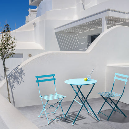 Blue Metal Folding 3 Piece Bistro Set With Slatted Chairs