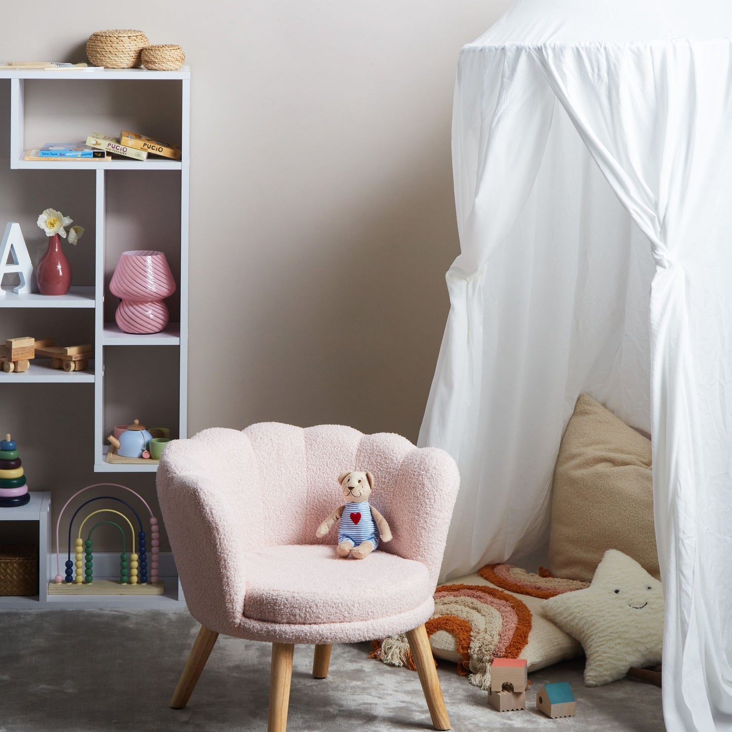Kids Armchair Pastel Pink Boucle With Wooden Legs