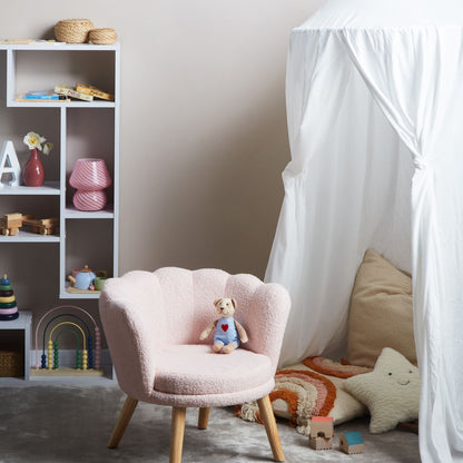 Kids Armchair Pastel Pink Boucle With Wooden Legs