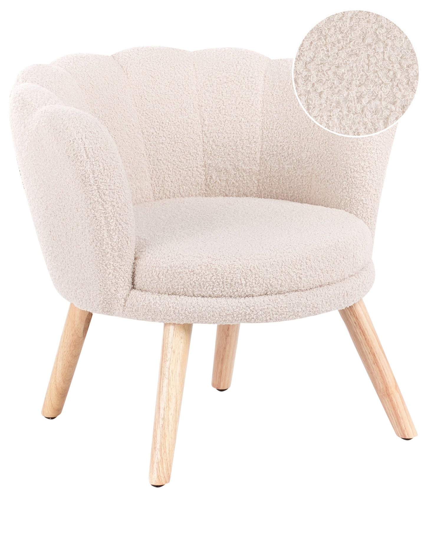 Kids Armchair Light Beige Boucle Upholstery With Shell Backrest And Wooden Legs For Kids