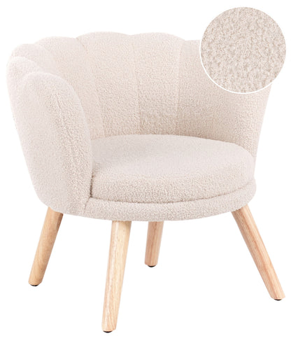 Kids Armchair Light Beige Boucle Upholstery With Shell Backrest And Wooden Legs For Kids
