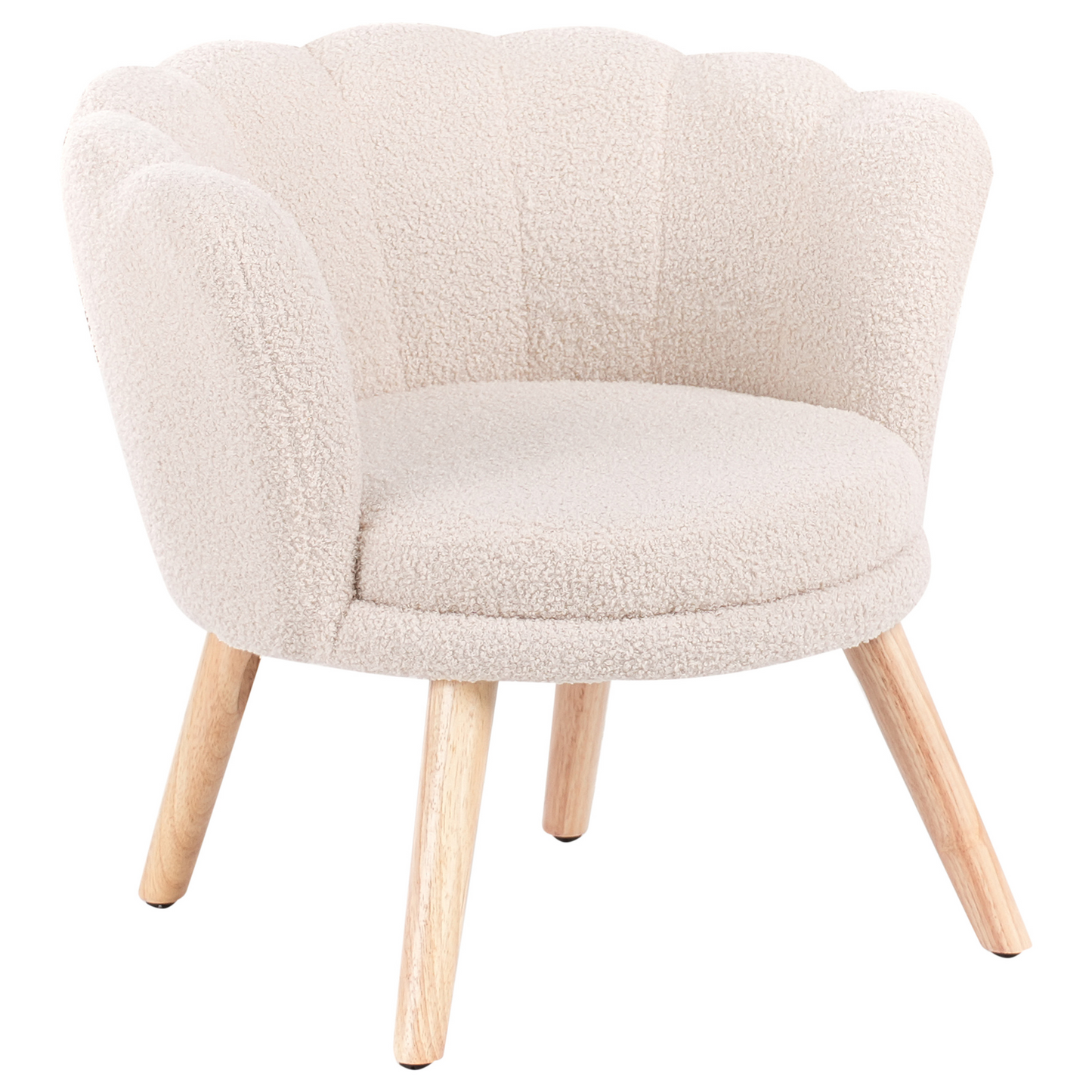 Kids Armchair Light Beige Boucle Upholstery With Shell Backrest And Wooden Legs For Kids