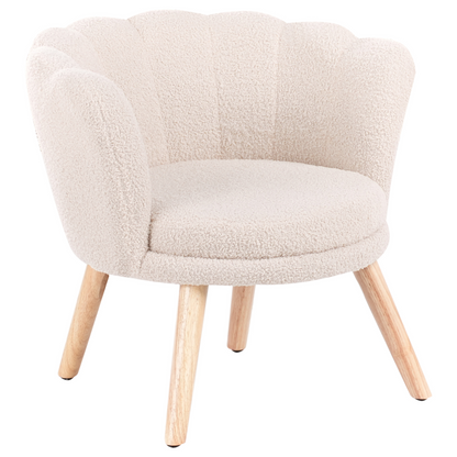 Kids Armchair Light Beige Boucle Upholstery With Shell Backrest And Wooden Legs For Kids