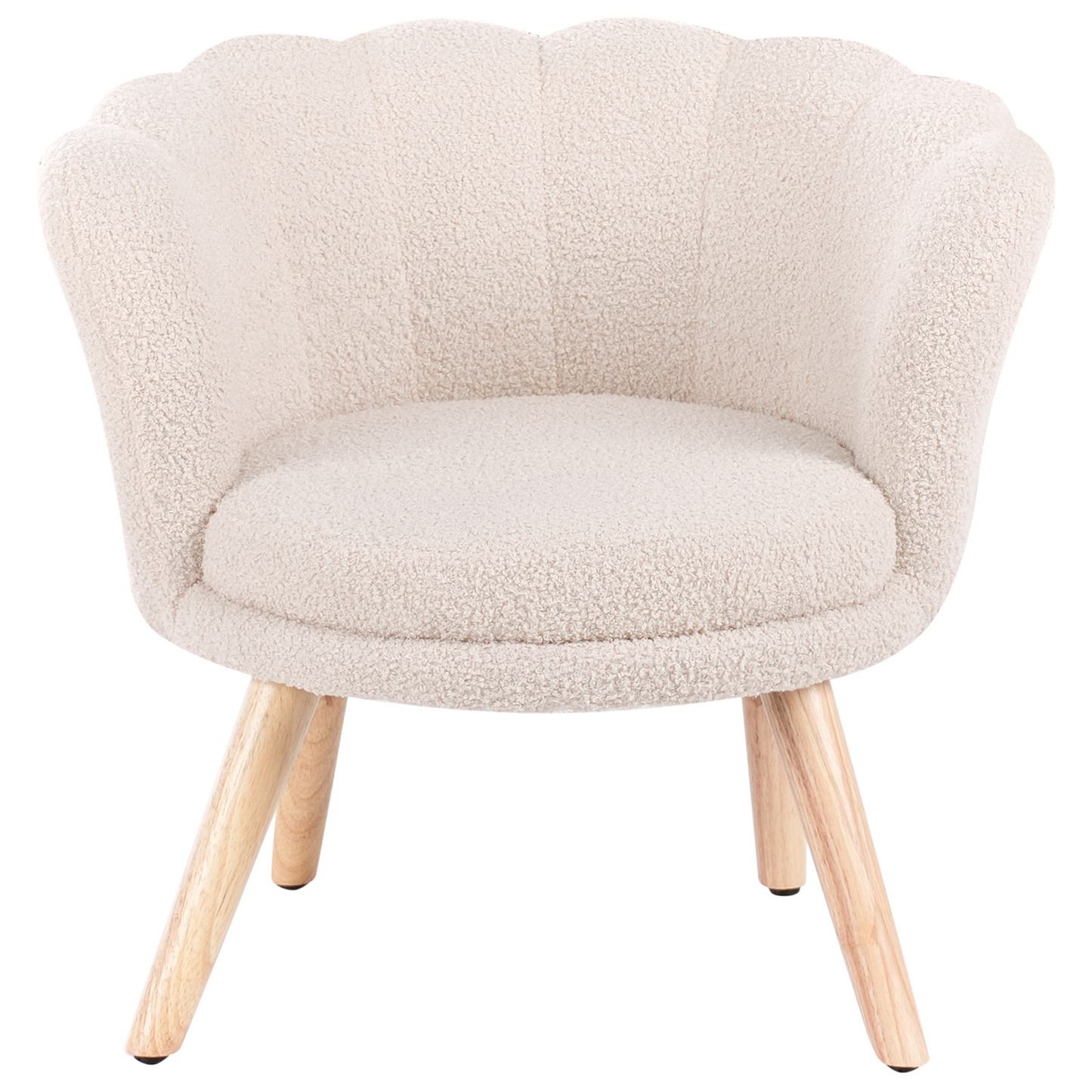 Kids Armchair Light Beige Boucle Upholstery With Shell Backrest And Wooden Legs For Kids