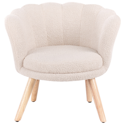 Kids Armchair Light Beige Boucle Upholstery With Shell Backrest And Wooden Legs For Kids