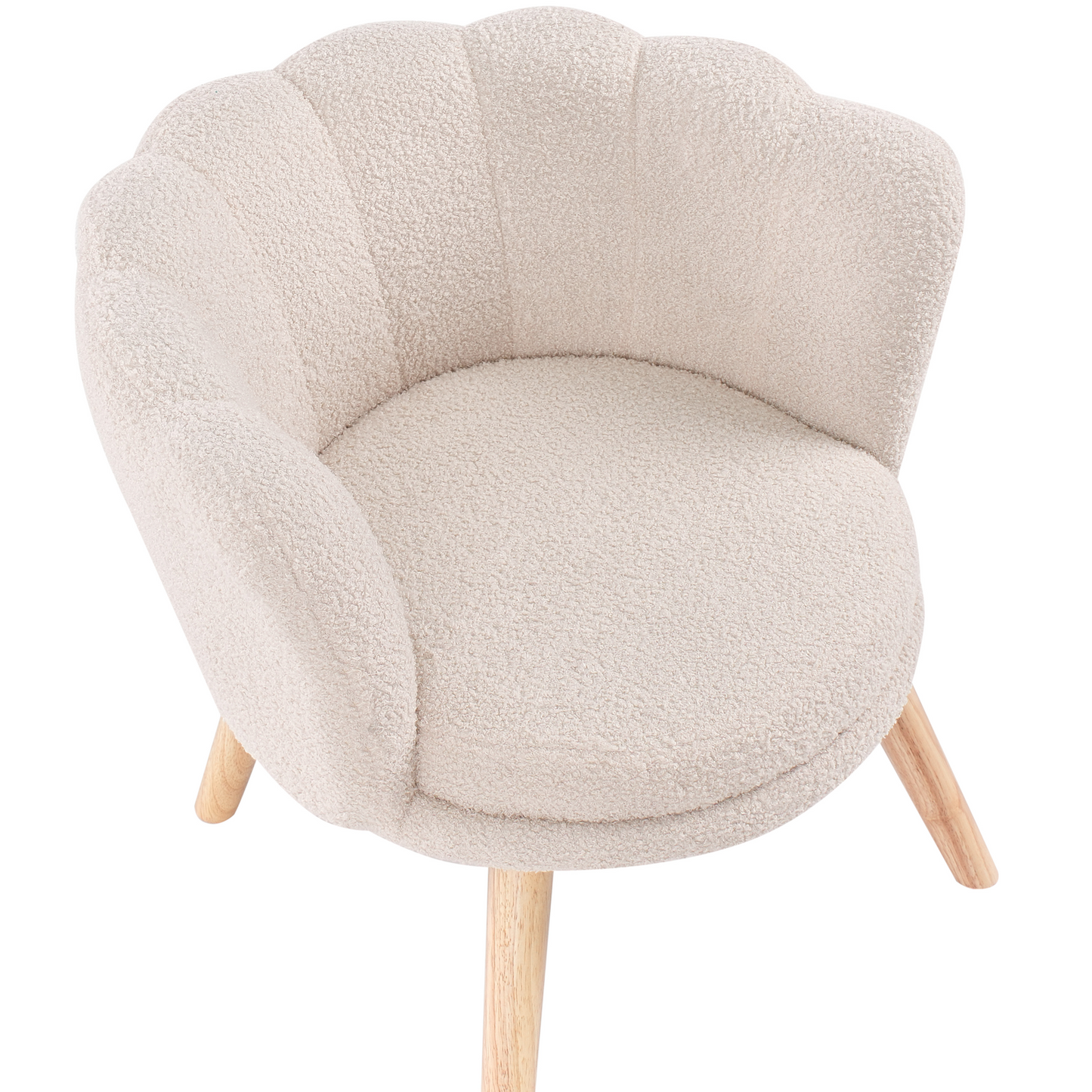 Kids Armchair Light Beige Boucle Upholstery With Shell Backrest And Wooden Legs For Kids