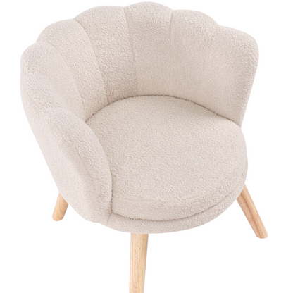 Kids Armchair Light Beige Boucle Upholstery With Shell Backrest And Wooden Legs For Kids