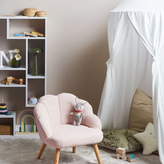 Kids Armchair Pastel Pink Boucle Upholstery With Shell-Inspired Design And Wooden Legs