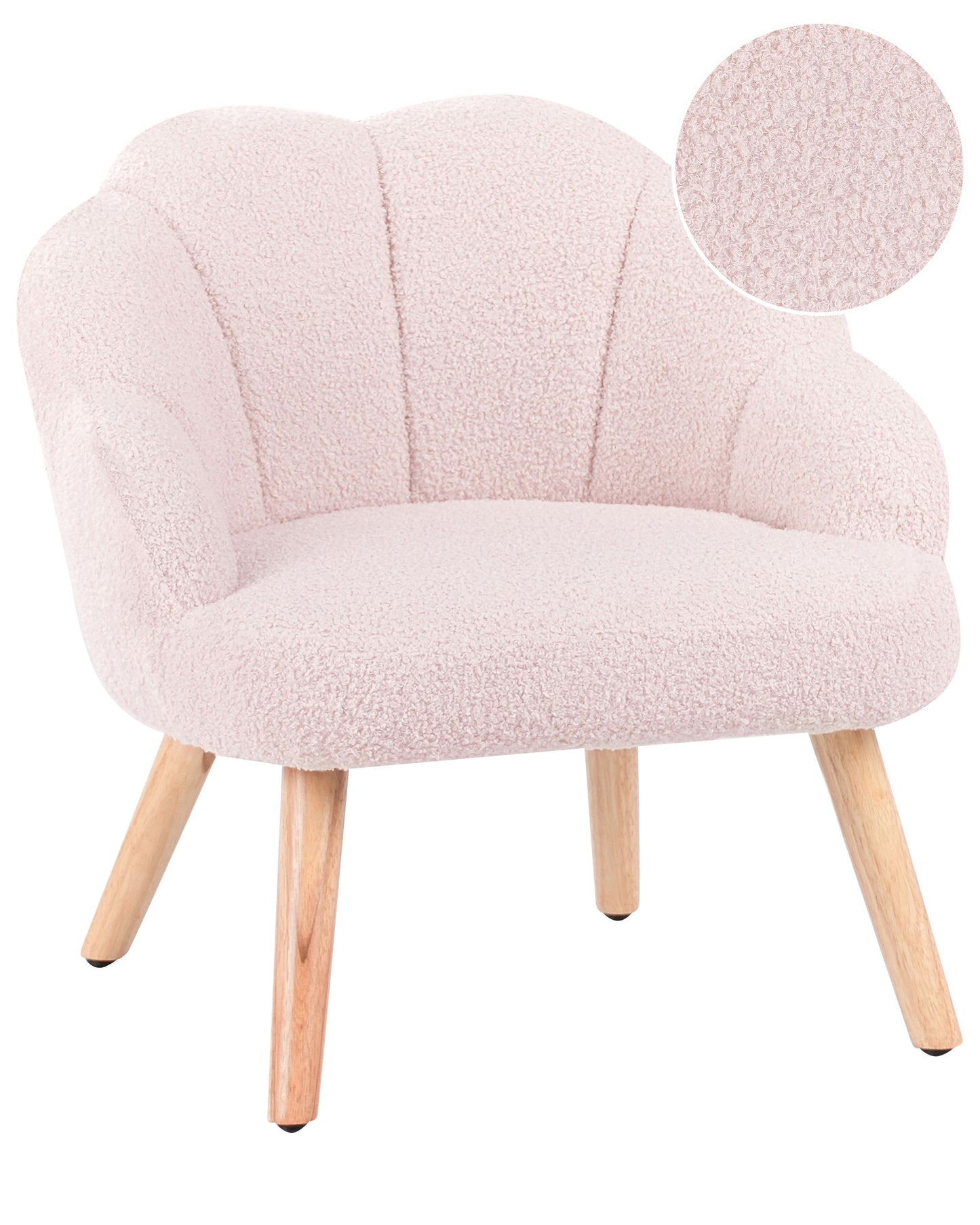 Kids Armchair Pastel Pink Boucle Upholstery With Shell-Inspired Design And Wooden Legs