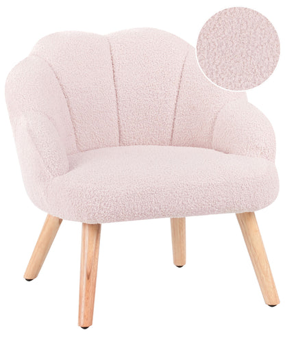Kids Armchair Pastel Pink Boucle Upholstery With Shell-Inspired Design And Wooden Legs