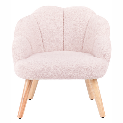 Kids Armchair Pastel Pink Boucle Upholstery With Shell-Inspired Design And Wooden Legs