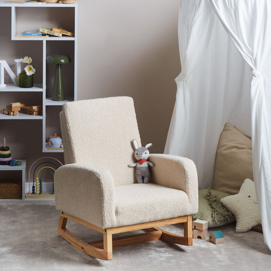 Kids HighBack LightBeige Boucle Wood Armrests Rocking Chair