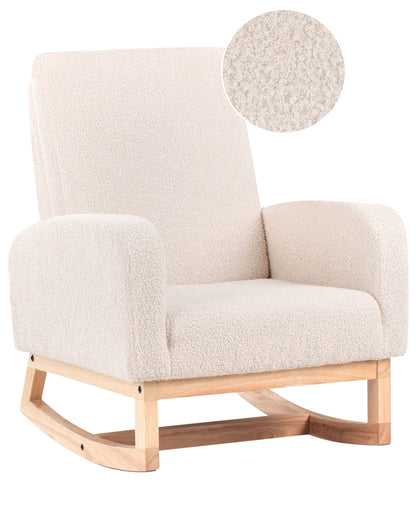 Kids HighBack LightBeige Boucle Wood Armrests Rocking Chair