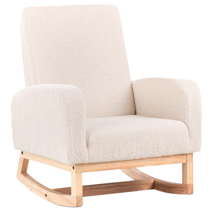 Kids HighBack LightBeige Boucle Wood Armrests Rocking Chair
