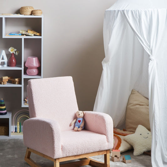 Kids Rocking Chair Pastel Pink Boucle HighBack With Armrests