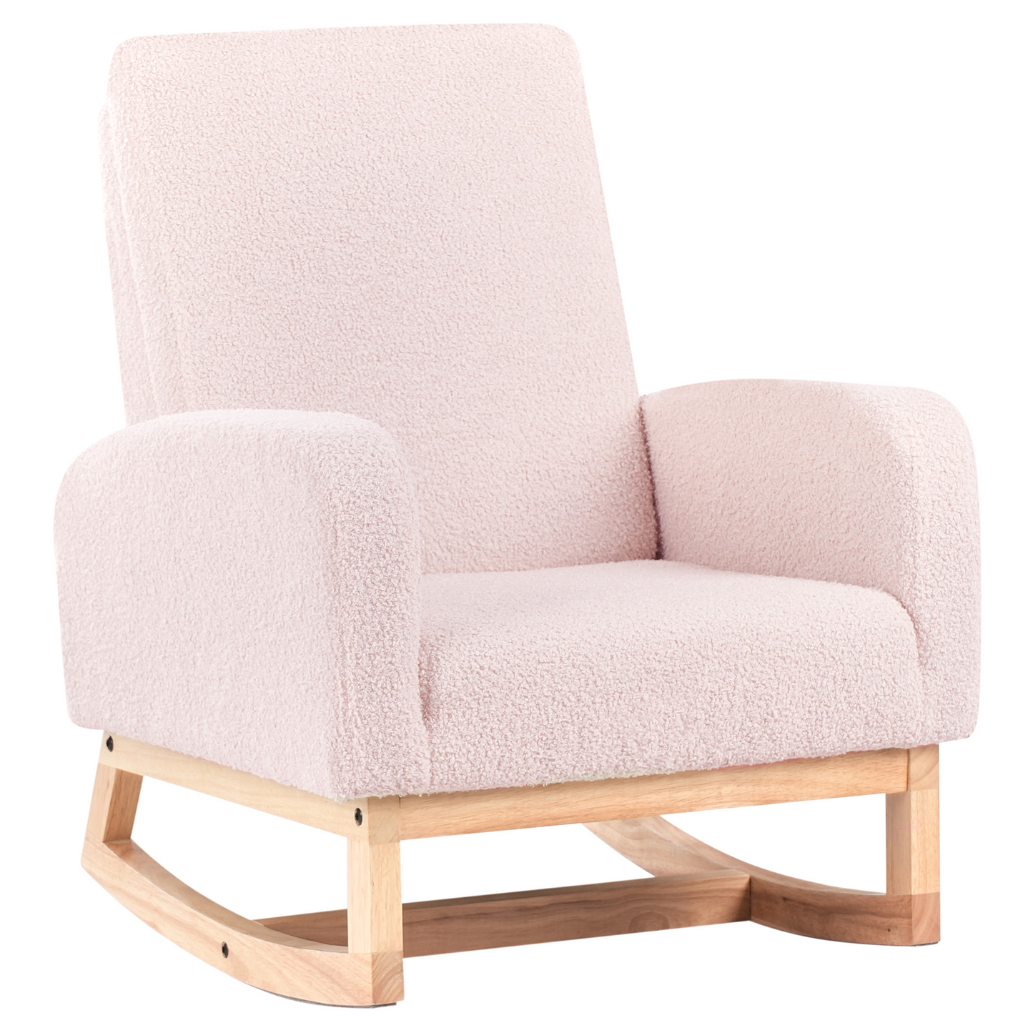Kids Rocking Chair Pastel Pink Boucle HighBack With Armrests