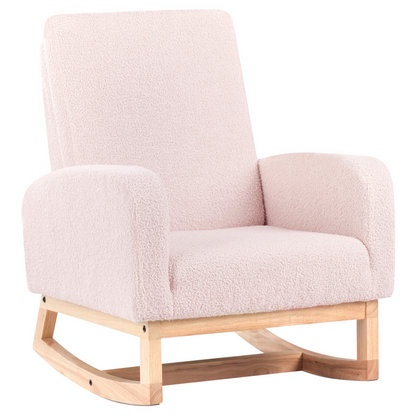 Kids Rocking Chair Pastel Pink Boucle HighBack With Armrests