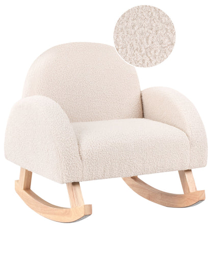 Kids Size Rocking Chair Boucle Upholstery Light Beige Wooden Armchair with Armrests